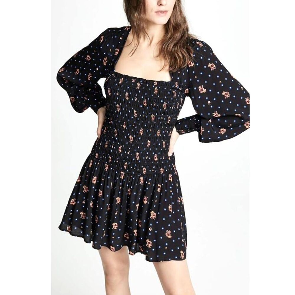 Free People Two Faces Smock Floral Mini Dress Black Celestial Balloon Boho XS